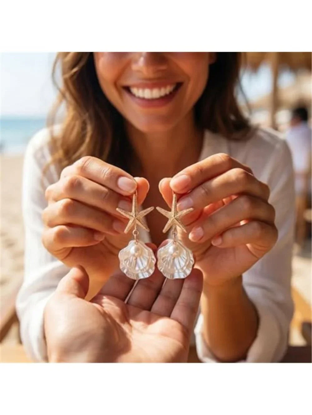 Cute Beachy Starfish Shell Drop Earrings
